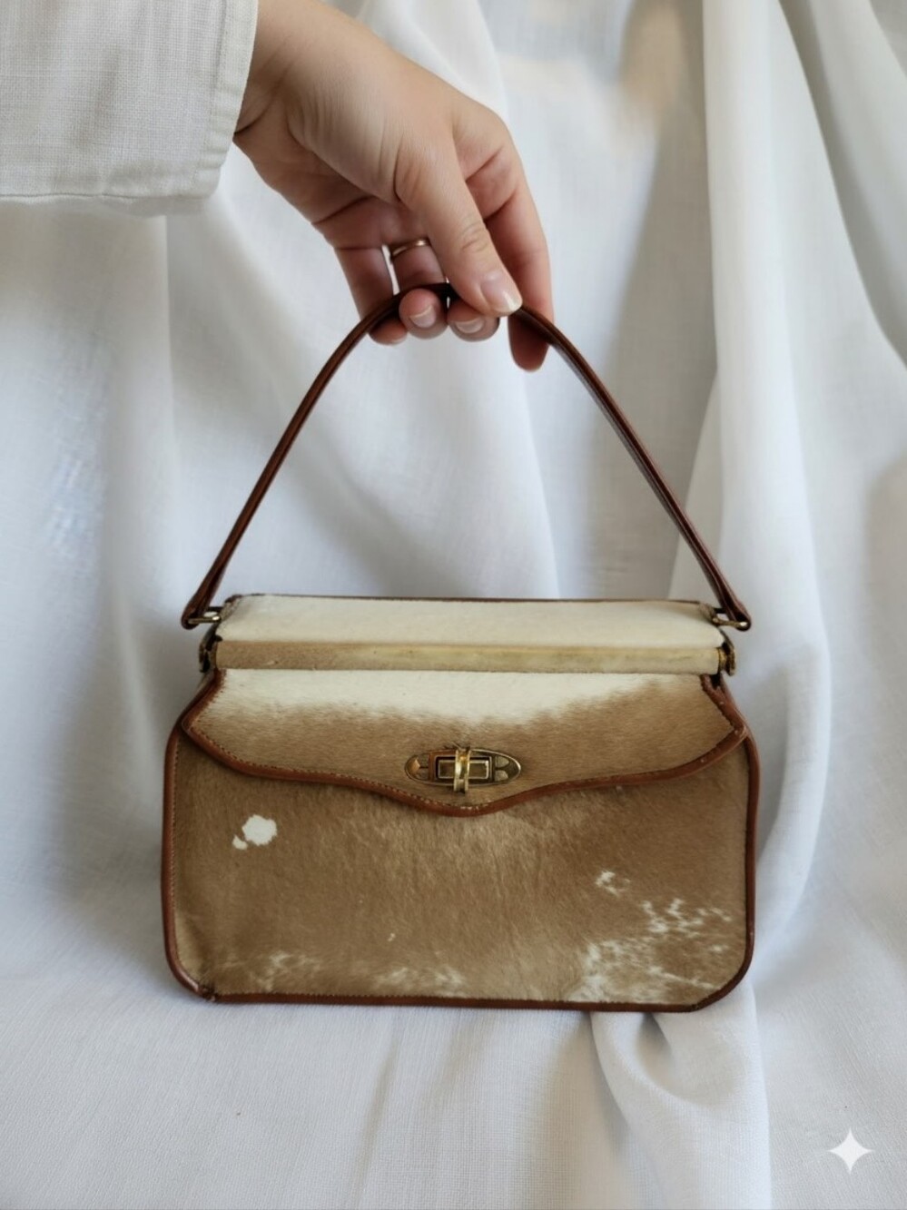 Vintage ArtMex Classic Pony Hair Top-Handle Cowhide Bag, $110